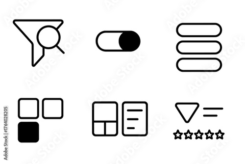 Smart Shopping Filters outline icon set: search filter bar, toggle switch, filter chips, applied tag list, color swatch, numeric range, layout selector, sort by rating.
