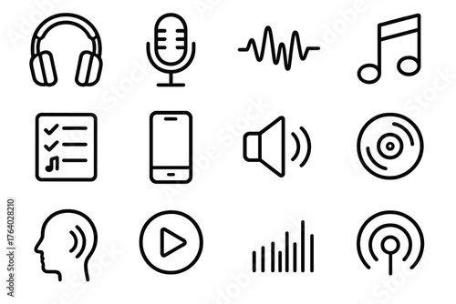 Digital Audio outline icon set: headphones, microphone, sound wave, music note, playlist, smartphone, speaker icon, record disc, podcast icon, equalizer, play button, radio signal.