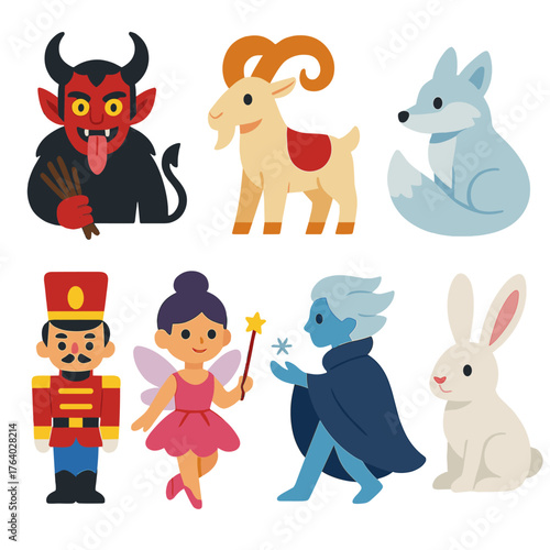 Holiday Creatures flat icons: krampus, yule goat, christmas angel, arctic fox, toy soldier, sugarplum fairy, frost spirit, snow hare.