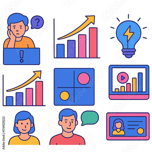Startup Pitch Decks flat icons: problem statement slide, market opportunity chart, solution overview icon, product demo screen, revenue model graph, competitive analysis matrix,
