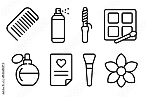 Hair and Beauty outline icon set: comb icon, hairspray, curling iron, makeup palette, eye shadow brush, perfume bottle, beauty note, wellness flower.