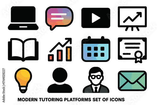 Modern Tutoring Platforms silhouette set: minimalist laptop, gradient chat bubble, sleek video icon, geometric whiteboard, transparent book, structured progress chart, smooth
