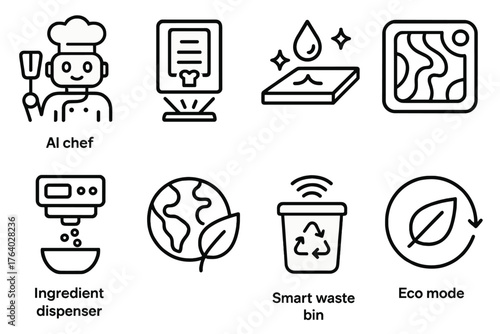 Future Kitchen Concepts outline icon set: AI chef robot, holographic recipe, self-cleaning counter, ingredient dispenser, heat map sensor, sustainability icon, smart waste bin, eco