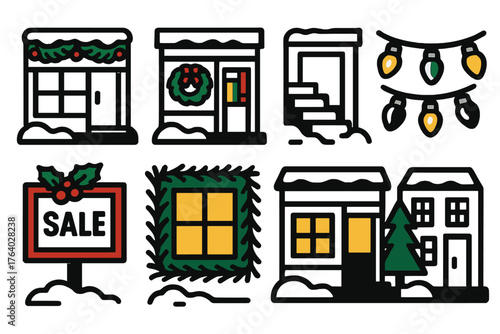 Holiday Storefronts silhouette set: boutique with garlands, bookshop with wreath, snowy steps, twinkling lights, festive sale sign, pine-framed window, cozy glow, winter street