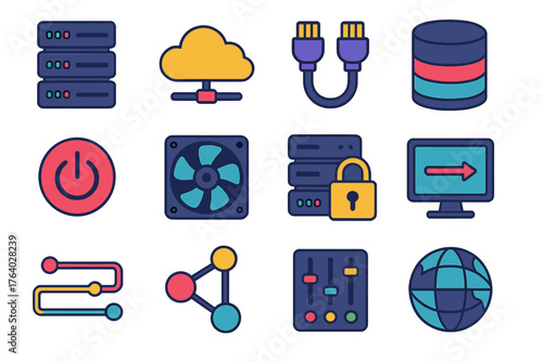 Data Centers flat icons: server rack, cloud icon, network cable, database, power button, cooling fan, security lock, monitor screen, data flow, connection nodes, control panel,
