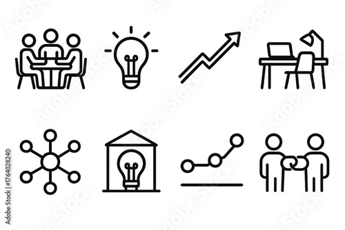 Innovation Communities outline icon set: brainstorming table, lightbulb symbol, growth arrow, coworking desk, network nodes, creative hub, project roadmap, investor link.