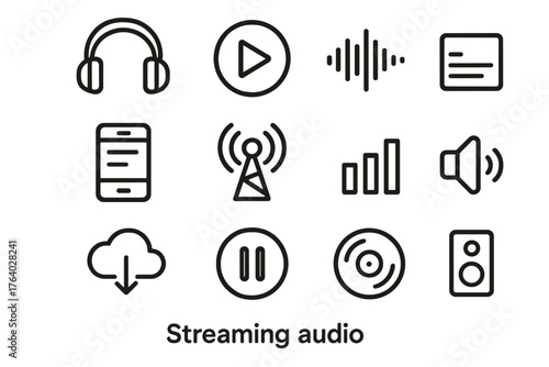 Streaming Audio outline icon set: headset, play icon, waveform, playlist screen, smartphone, radio antenna, equalizer bars, cloud stream, pause symbol, record disc, sound slider,
