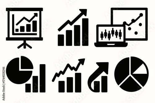 Financial Analytics silhouette set: financial data board, earnings trend, stock analysis, ratio chart, forecasting line, performance summary, growth indicator, data pie.