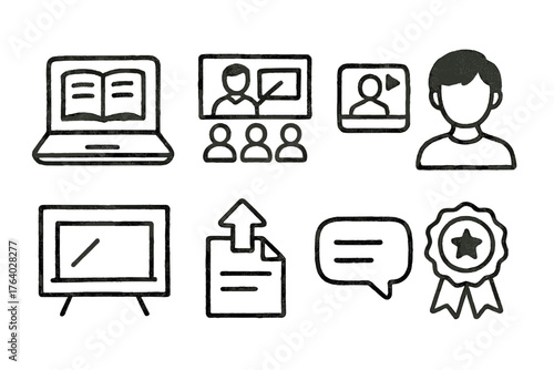 Remote Education set of icons in doodle hand-drawn vector style: laptop with book, online classroom, video call icon, student avatar, virtual blackboard, assignment upload, chat