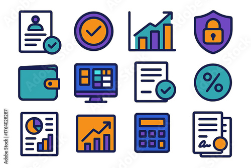 Professional Digital Lending flat icons: corporate loan form, verified approval icon, structured chart, secure lock badge, enterprise wallet, KPI dashboard, compliance document,