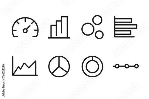 Outlined Chart Icons outline icon set: gauge meter, waterfall chart, bubble chart, horizontal bars, area curve, circle diagram, progress ring, timeline.