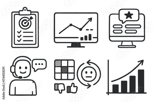 AI-Enhanced Team Alignment set of icons in doodle hand-drawn vector style: smart goal tracker, predictive progress chart, performance insight dashboard, adaptive feedback system,