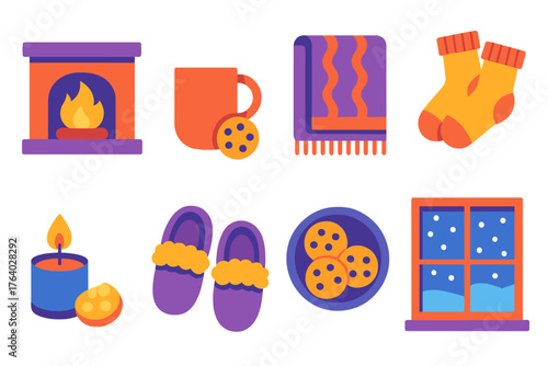Cozy After Snow flat icons: fireplace, steaming cocoa, blanket, wool socks, slippers, candle, cookie plate, window with snow view.
