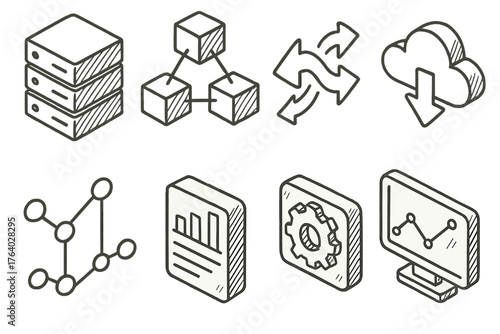Isometric Data Flow System set of icons in doodle hand-drawn vector style: data server, 3D nodes, flow arrows, cloud storage, network path, report panel, algorithm gear,