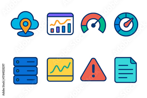 Network Performance flat icons: cloud tracker, analytics dashboard, uptime gauge, bandwidth meter, server status, data line chart, alert badge, log file.