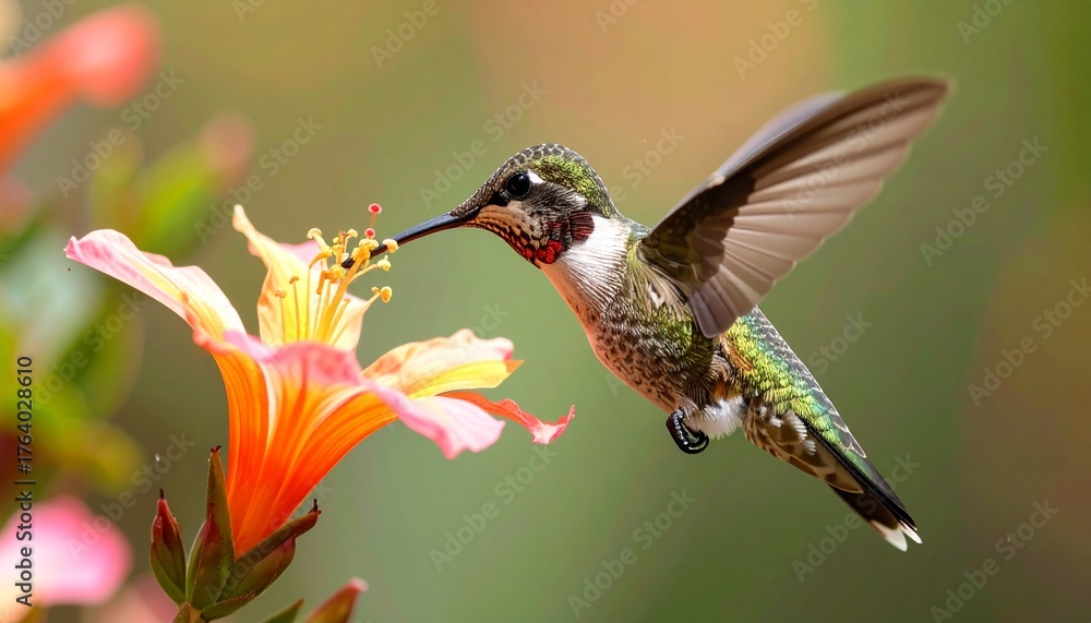 Fototapeta premium A vibrant ruby-throated hummingbird hovers gracefully, extracting nectar from a beautiful orange and pink trumpet flower in a lush garden.