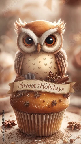 Owl decorates a festive cupcake in a cozy holiday setting with warm colors