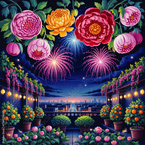 Vibrant balcony garden with colorful peonies, lush plants, and festive fireworks over a starry cityscape at night