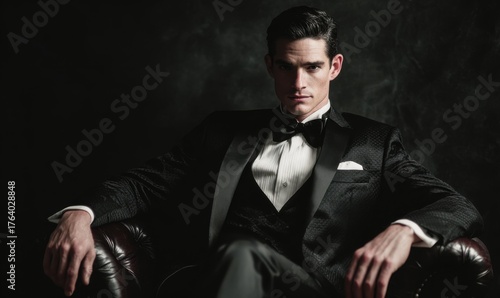 Elegant man in a tuxedo sitting in a leather chair, looking serious.