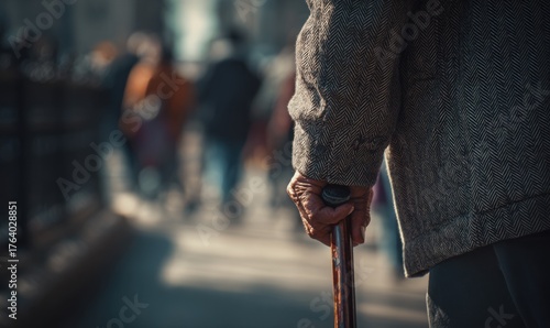 Elderly Person Walking with Cane in Urban Environment.