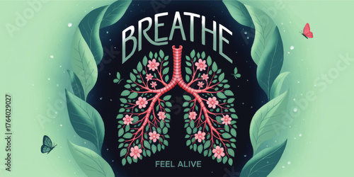 Lungs Made of Flowers and Leaves with Text Breathe Feel Alive – Nature, Wellness, Health and Mindfulness Concept Illustration