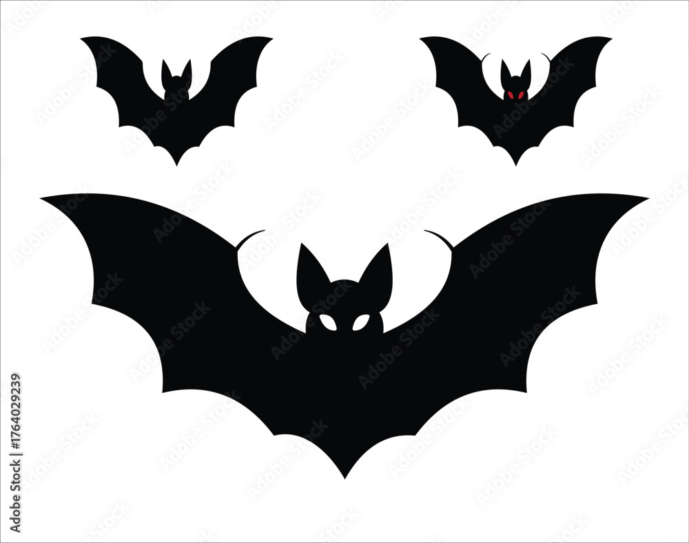 Fototapeta premium Stylized black bat vector silhouette with pointed wings and glowing eyes.