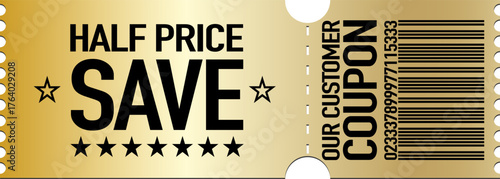 Vector golden coupon “HALF PRICE SAVE”. Stylish discount ticket with barcode. Perfect for sales, promotions, special offers, online shops, and loyalty programs.