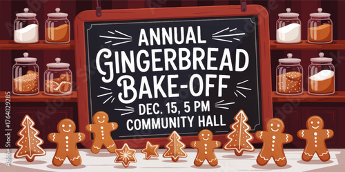 Festive Annual Gingerbread Bake-Off Event Poster with Cute Cookies, Chalkboard Sign and Holiday Baking Ingredients Illustration