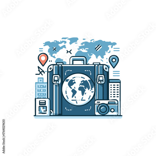 A detailed illustration of a suitcase with travel-related icons and a world map.