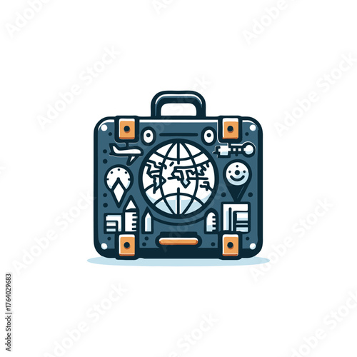 A detailed illustration of a travel suitcase filled with various travel-related icons and symbols, including a globe and location markers.