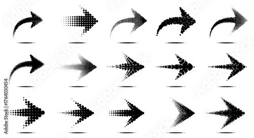 Collection of Fifteen Halftone Arrows Pointing Right for Directional Graphics