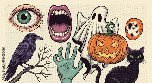 Spooky Halloween Illustration with classic horror icons for festive celebrations