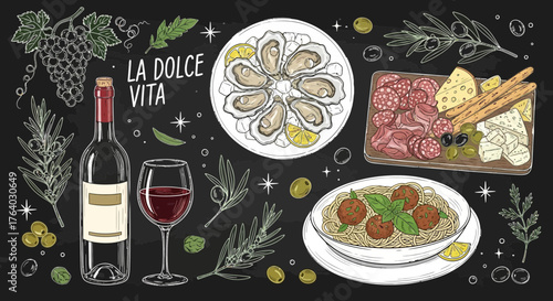 Charming hand-drawn illustration of Italian culinary delights for a joyful celebration