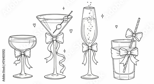 Elegant Black and White Cocktail Glass Line Art with Decorative Bows Illustration