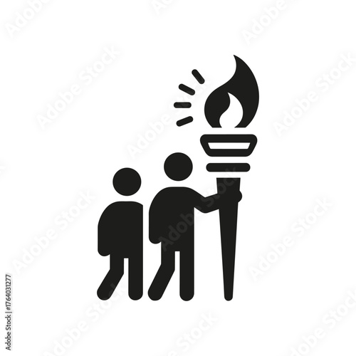 Silhouette of two people walking, one carrying a lit torch, representing guidance.