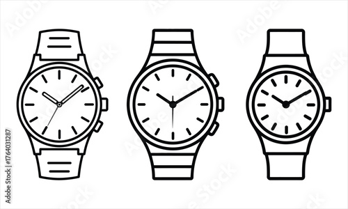 Three wristwatch outline vector illustration modern and classic watch design