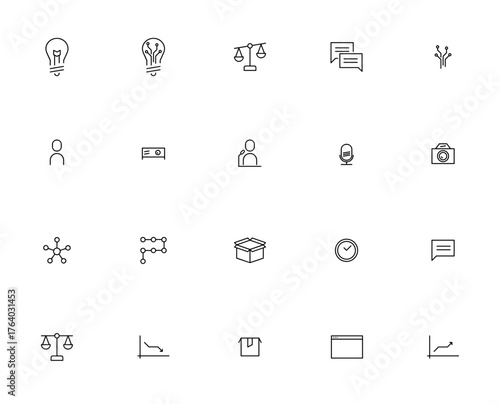 Presentation icon set. Business vector icons pack. Icludes symbols for idea, tchnology, communication, cart, process, delivery, nework and more. Editable stoke.