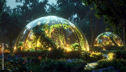 Enchanting Illuminated Domes in a Lush Forest at Night.