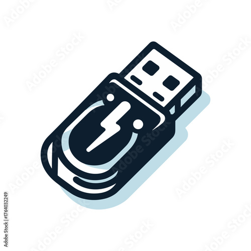 Stylized black and white icon of a USB flash drive with a lightning bolt symbol.