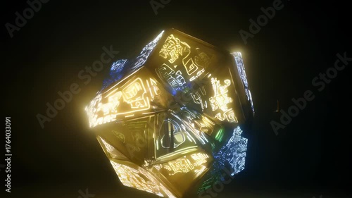 Glowing Geometric Cube with Digital Symbols and Light Effects