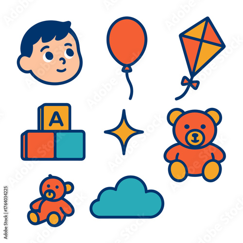 Child’s gaze flat icons: toy block, balloon, kite, sparkle, teddy bear, cloud.