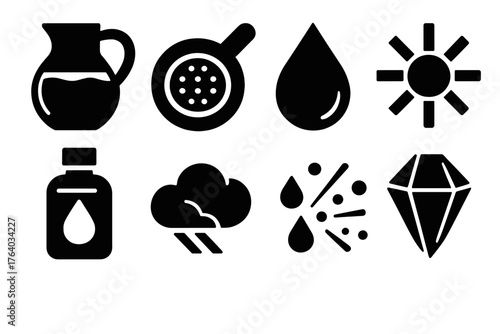 Purifying silhouette set: water jug, sieve, dew drop, radiant sun, essential oil bottle, cloud clearing, droplet spray, gemstone.
