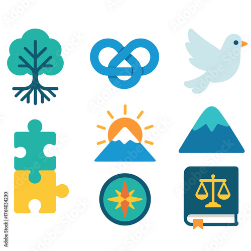 Moral flat icons: tree roots, knot, sunrise, mountain peak, dove, puzzle piece fit, compass rose, law book.
