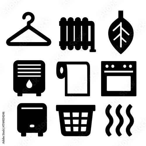 Drying silhouette set: laundry hanger, radiator, leaf drying, oven, dehumidifier, paper towel, basket, steam lines.