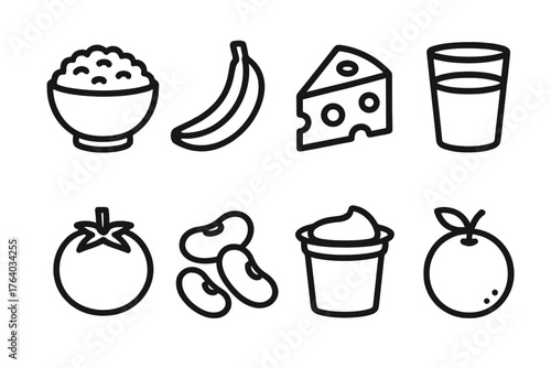 Nutrition outline icon set: bowl of rice, banana, cheese wedge, water glass, tomato, beans, yogurt cup, orange.