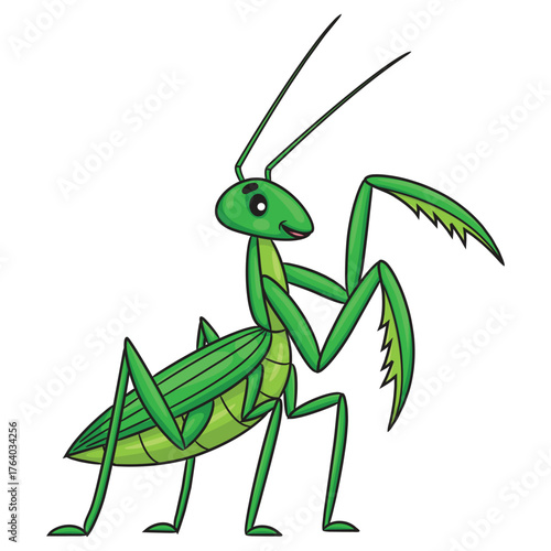 Illustration of a cute cartoon green praying mantis.