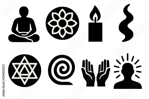 Spiritual Journey silhouette set: meditating figure, mandala, candle flame, rising smoke, sacred geometry, spiral path, open hands, shining aura.