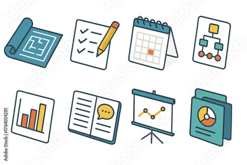 Project Documentation set icons in modern isometric flat vector style: blueprint, checklist, calendar, flowchart, bar chart, meeting notes, presentation board, report folder.
