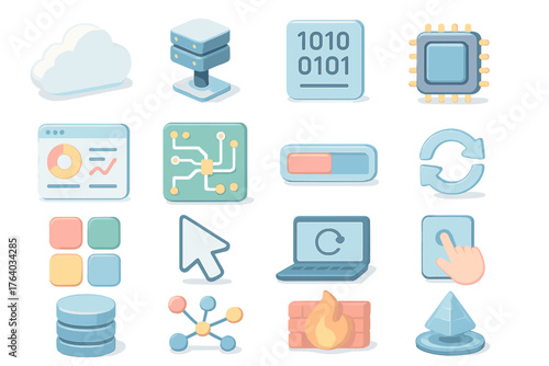 Digital Update set icons in modern isometric flat vector style: cloud, server, binary code, microchip, dashboard, circuit board, progress bar, refresh arrows, app icons, cursor,