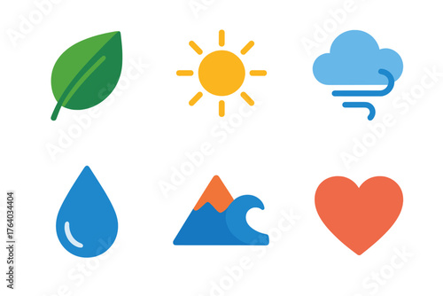 Calm flat icons: leaf, sun, breeze, droplet, mountain, wave, cloud, heart.